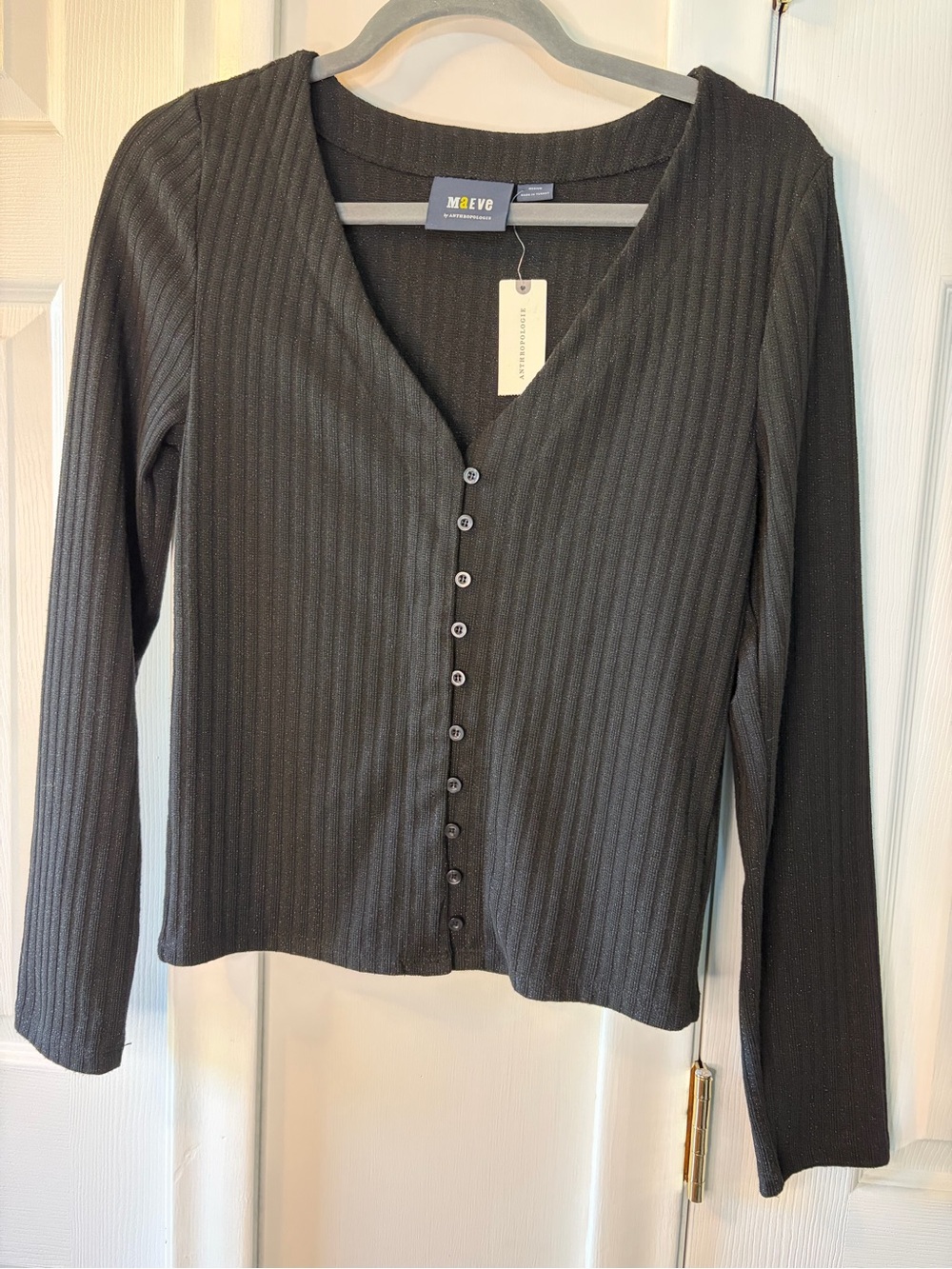 NWT Anthropologie Maeve Black Metallic Shimmer Ribbed Knit Cardigan Sweater M